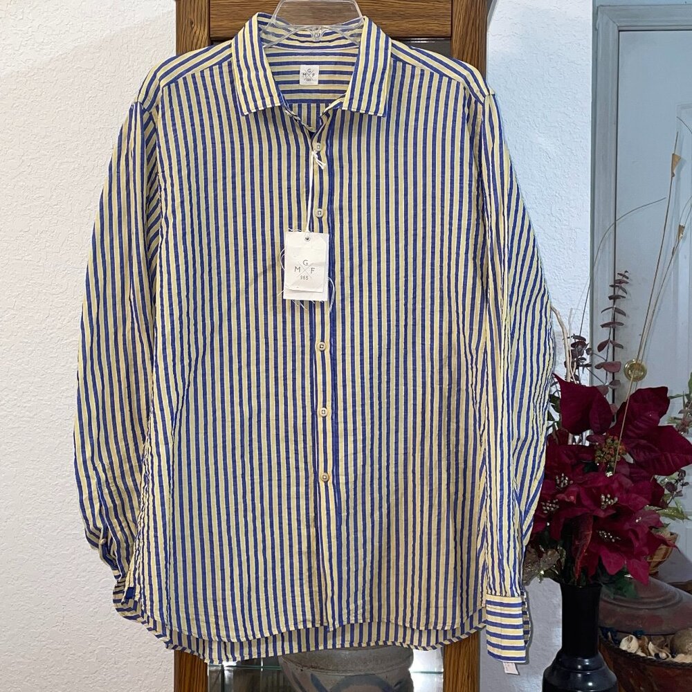 NWT $228 GMF 965 Blue & Yellow Striped Shirt 43 / 17